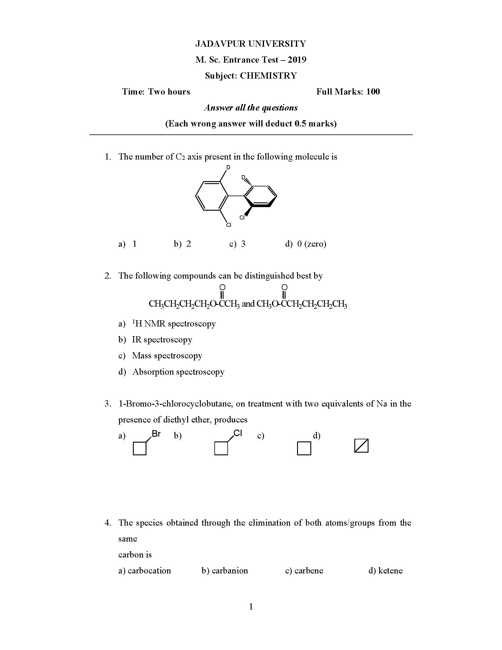 msc entrance question paper